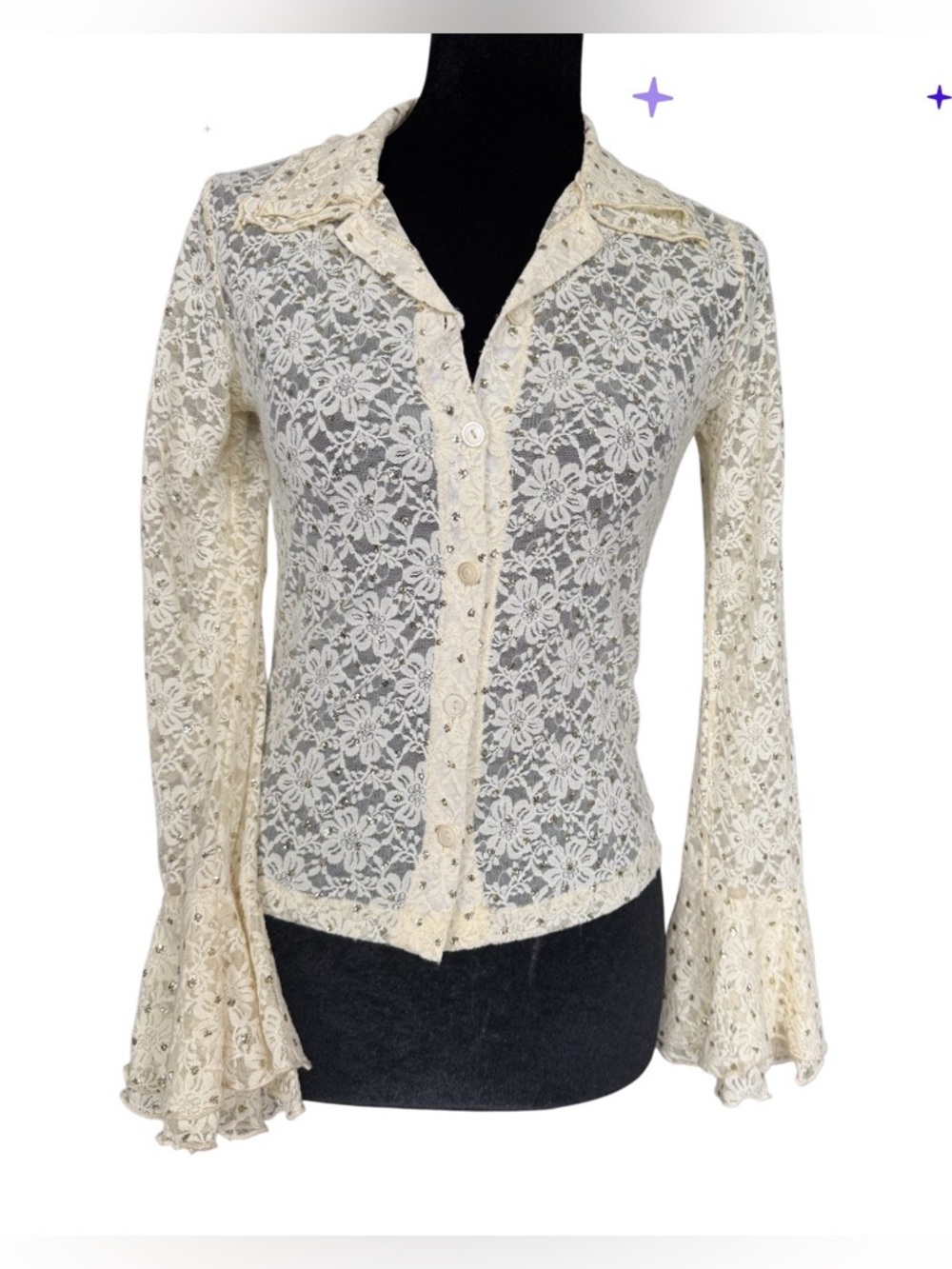 Papaya Cream Lace Button-Front Blouse